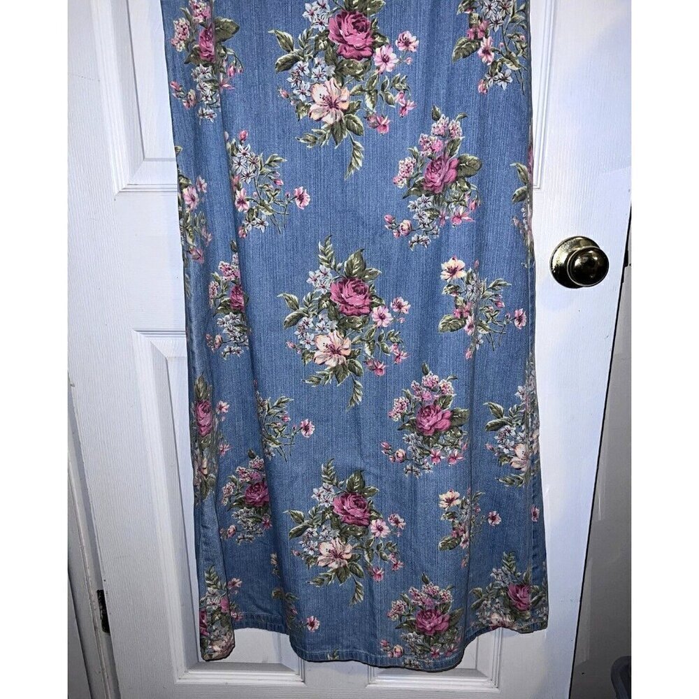 LIZ CLAIBORNE Y2K Jean Jumper Light Blue Pink Roses Cottagecore Dress Sz 10 - Picture 11 of 15